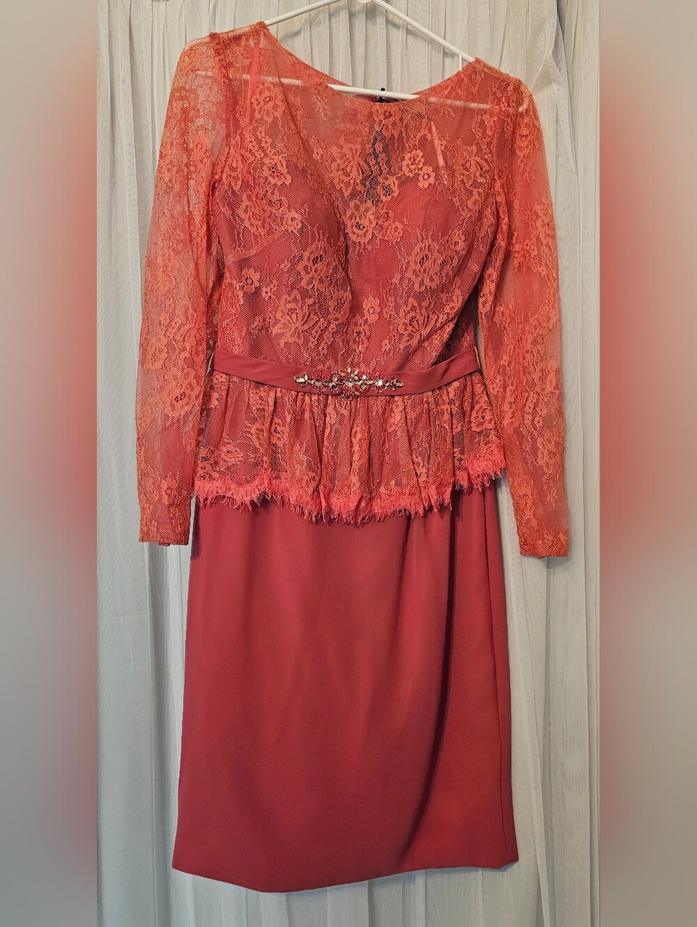 Nina Canacci Coral Lace Peplum Dress with Beaded Waist Size 10